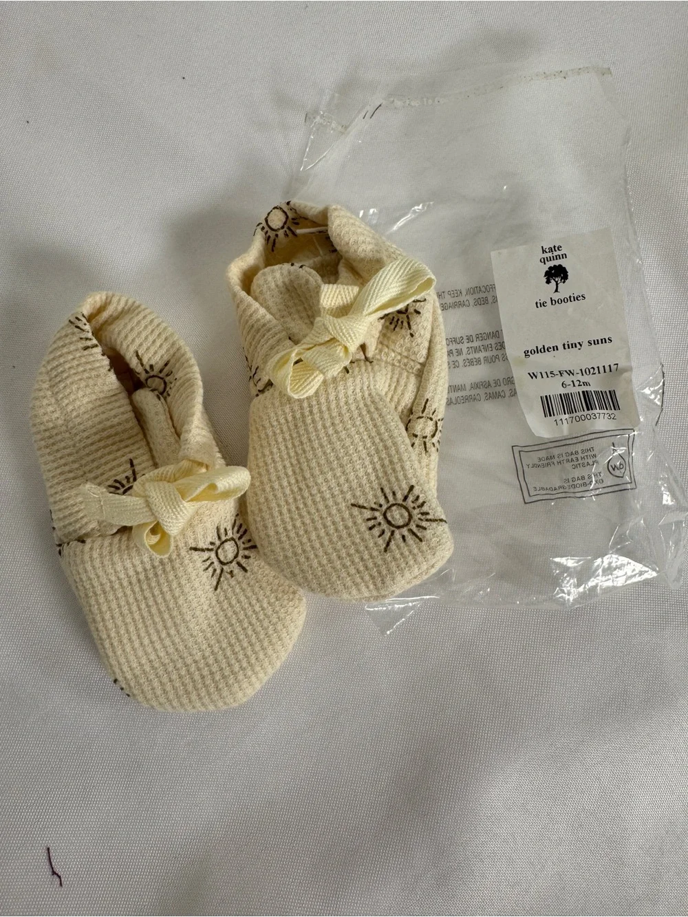 kate quinn Cream Waffle Knit Tie Booties with Golden Tiny Sun Embroidery 6-12 mo